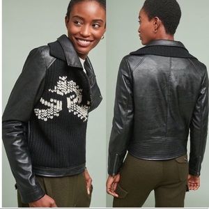 Anthropologie Black Leather Jacket with Cream Knit Detail
